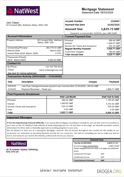 Relevé hypothécaire de la banque NatWest du Royaume , Uni aux formats Word et PDF